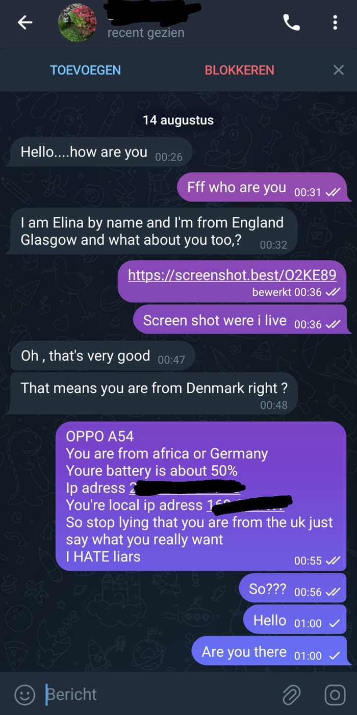 Chat showing funny scammer responses with humorous confrontation.