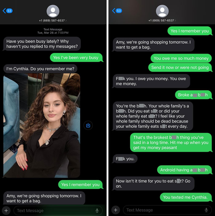 Humorous text exchange showcasing funny-scammer-responses with a photo attached.