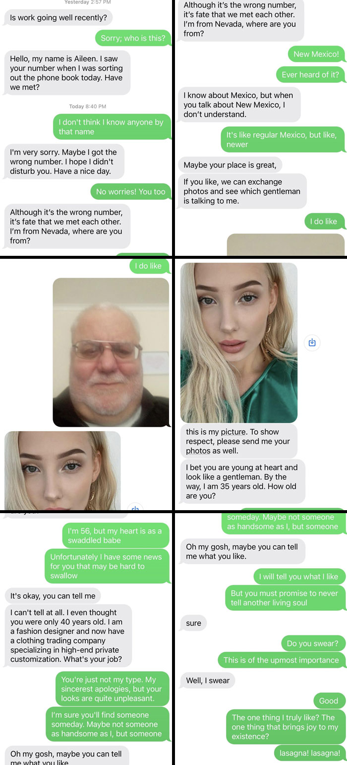 Funny-scammer-responses in text message exchange with humorous replies and profile pictures.