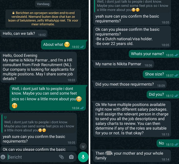 Chat conversation showcasing funny scammer responses with sarcastic and humorous replies.