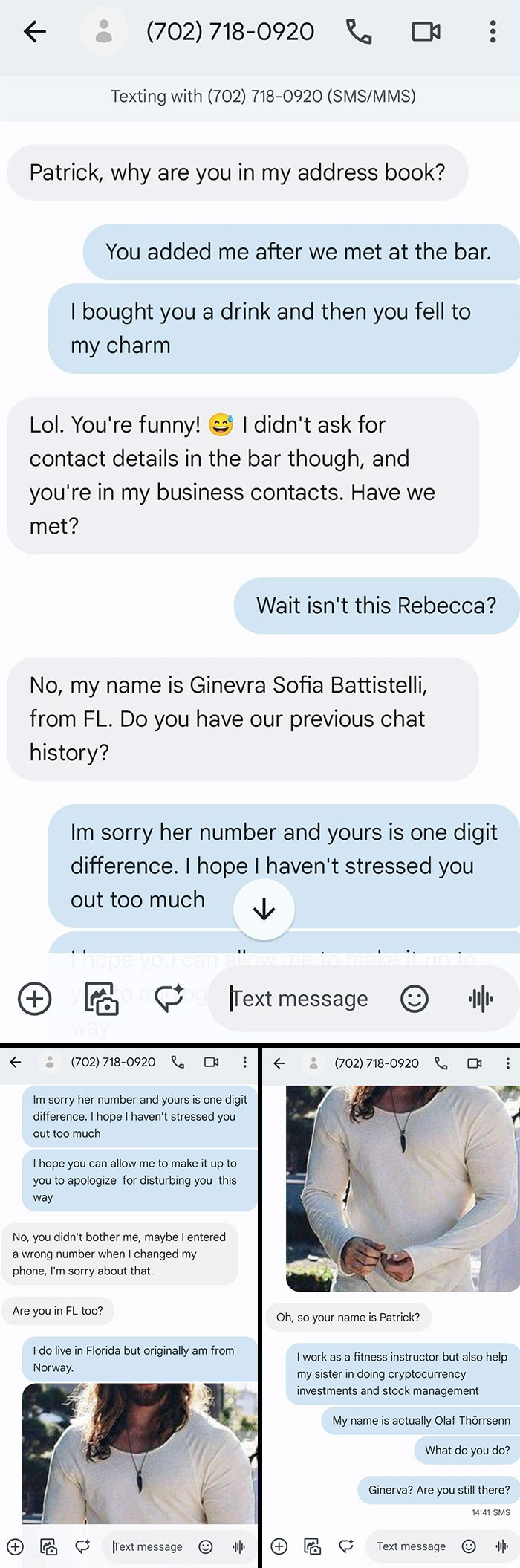 Text conversation with funny-scammer-responses, featuring mistaken identity and humorous excuses.