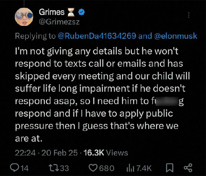 Grimes calls out Elon Musk in a tweet regarding their child's medical crisis, expressing frustration over lack of response. Grimes calls out Elon Musk in a tweet regarding their child's medical crisis, expressing frustration over lack of response.