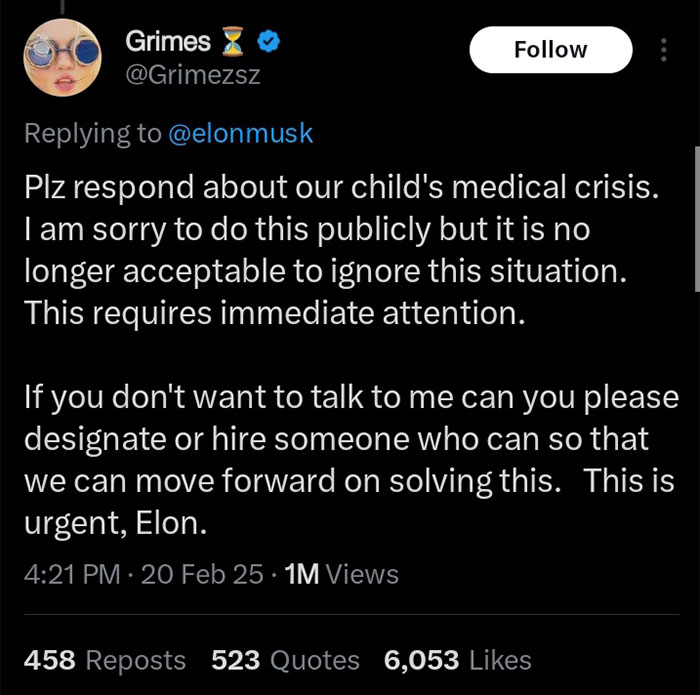 Grimes urges Elon Musk to address their child's medical issue in a tweet. Grimes urges Elon Musk to address their child's medical issue in a tweet.