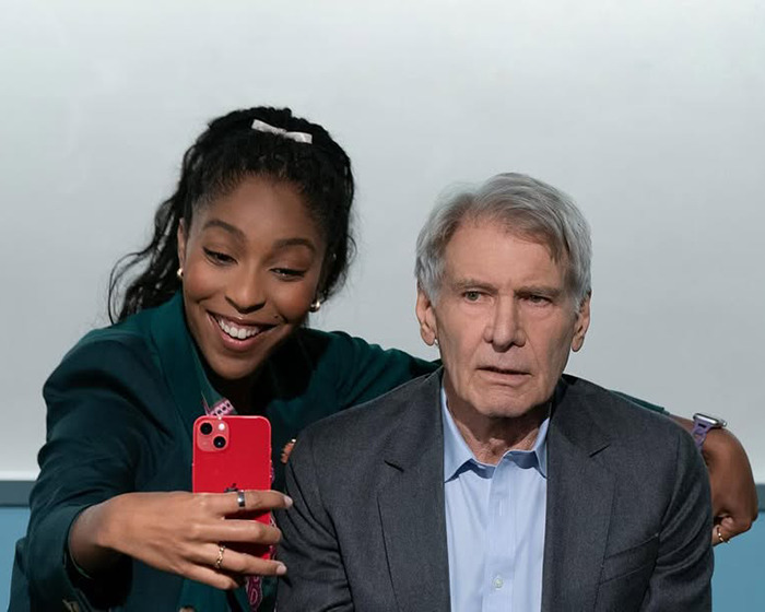 Harrison Ford and "Shrinking" co-star Jessica Williams posing for a mirror selfie. Harrison Ford and "Shrinking" co-star Jessica Williams posing for a mirror selfie.