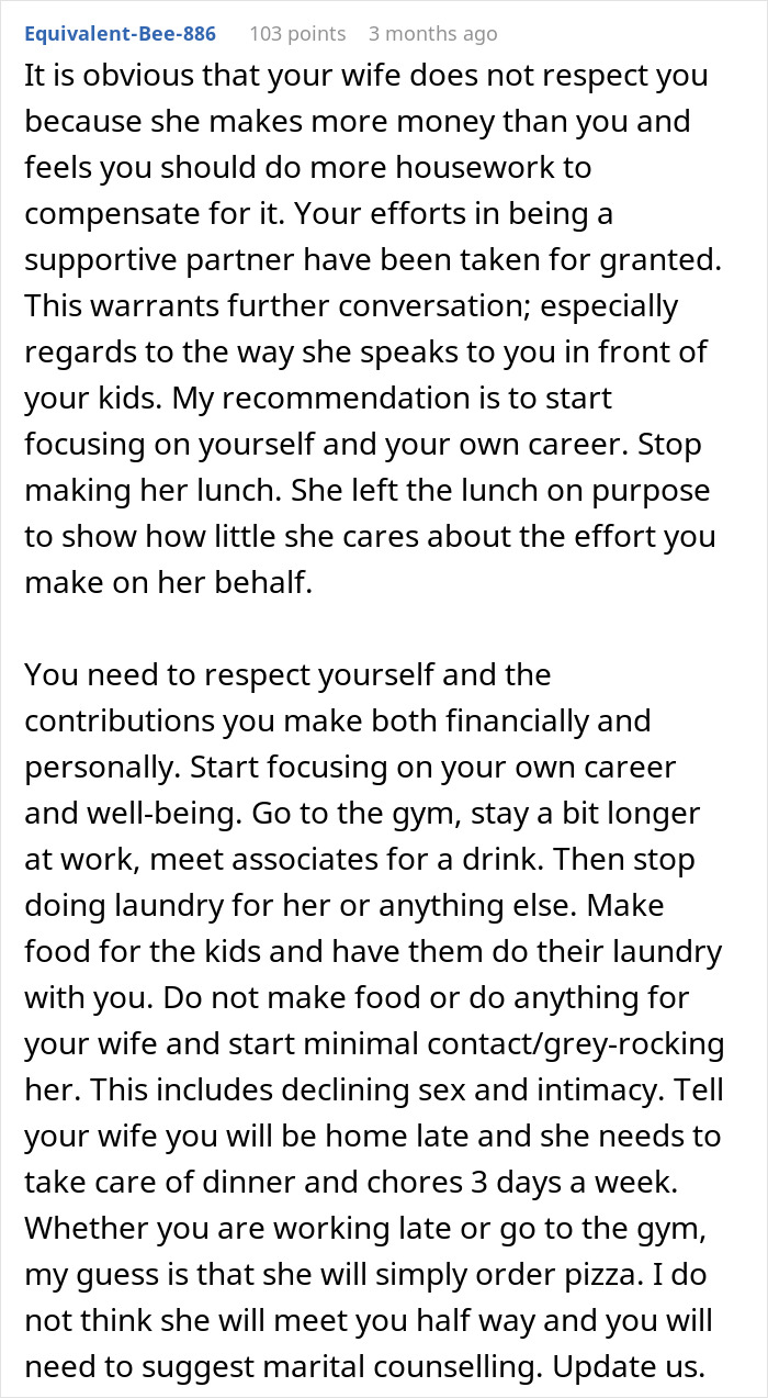 Online forum post discussing an unhelpful husband argument, suggesting marital counseling. Online forum post discussing an unhelpful husband argument, suggesting marital counseling.