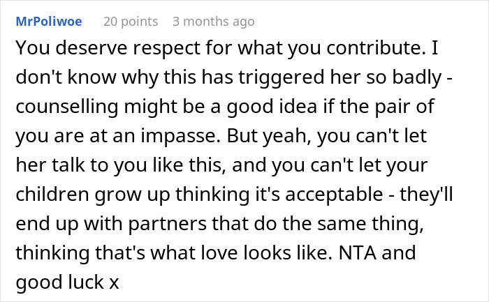 Comment discussing respect in relationships and the impact on children, related to husband being called unhelpful. Comment discussing respect in relationships and the impact on children, related to husband being called unhelpful.