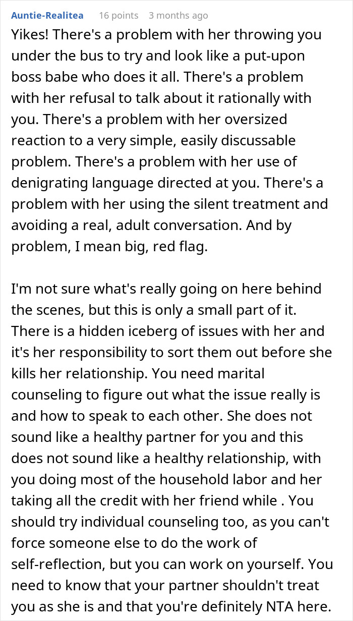Reddit comment giving advice on marital issues, husband labeled "unhelpful," discussing communication and relationship dynamics. Reddit comment giving advice on marital issues, husband labeled "unhelpful," discussing communication and relationship dynamics.
