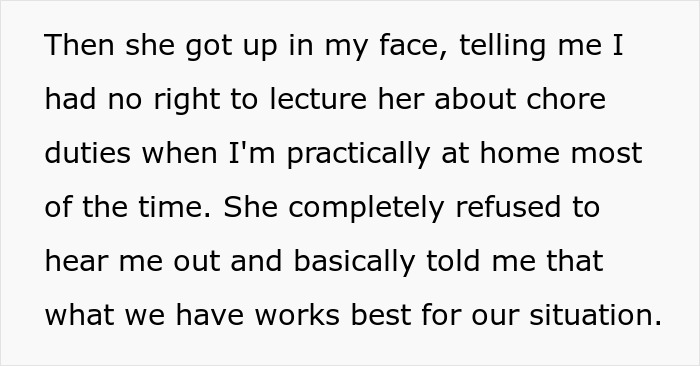 Text discussing a disagreement between wife and husband about chore duties. Text discussing a disagreement between wife and husband about chore duties.