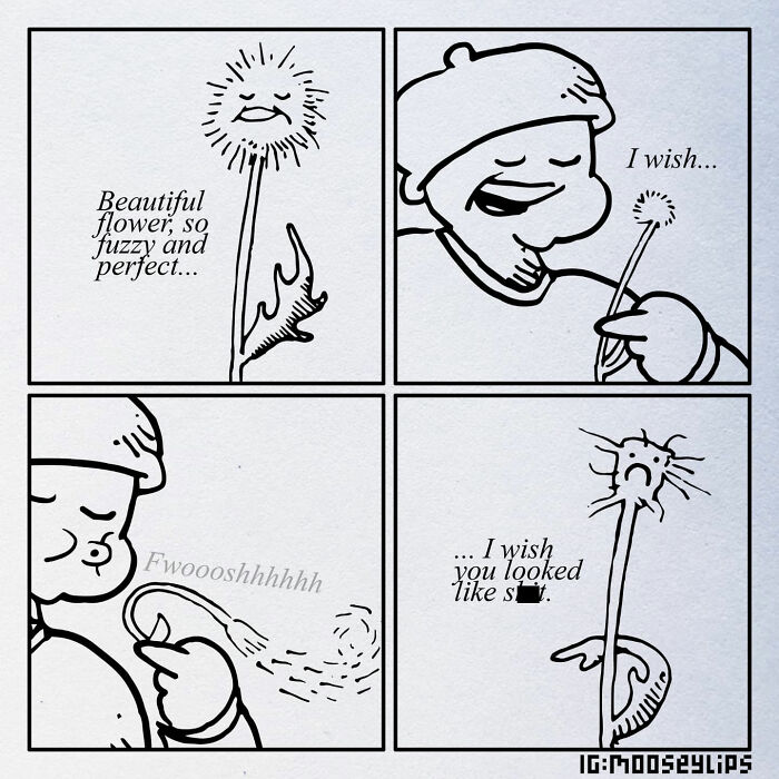 Mooseylips comic strip showing a character blowing on a flower, creating a humorous twist.
