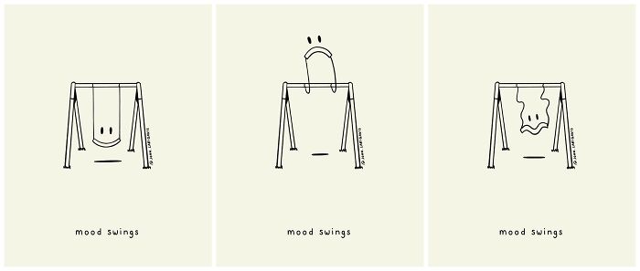 Illustration by John Larigakis showing swings with different facial expressions labeled "mood swings."