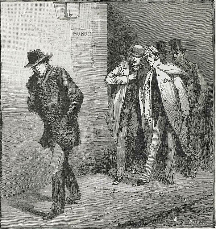Illustration of Jack the Ripper on a dimly lit street. Illustration of Jack the Ripper on a dimly lit street.