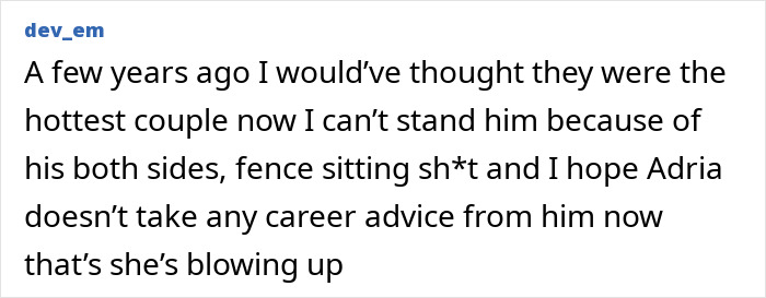 Text showing a critical comment about a couple, mentioning career advice and popularity. Text showing a critical comment about a couple, mentioning career advice and popularity.