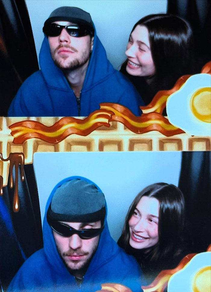 A person in sunglasses and a hoodie with a smiling woman in a photo booth setting, featuring waffle and egg illustrations. A person in sunglasses and a hoodie with a smiling woman in a photo booth setting, featuring waffle and egg illustrations.