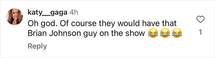 A comment noting Bryan Johnson's appearance, with laughing emojis, reflects on the Kardashian dinner event. A comment noting Bryan Johnson's appearance, with laughing emojis, reflects on the Kardashian dinner event.