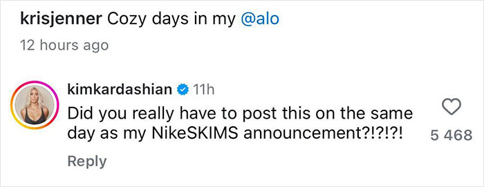 Kim Kardashian comments on Kris Jenner's post timing amid her Nike SKIMS launch. Kim Kardashian comments on Kris Jenner's post timing amid her Nike SKIMS launch.