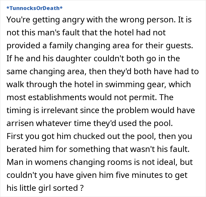 Text response about a woman questioning dad in women's changing room issue. Text response about a woman questioning dad in women's changing room issue.