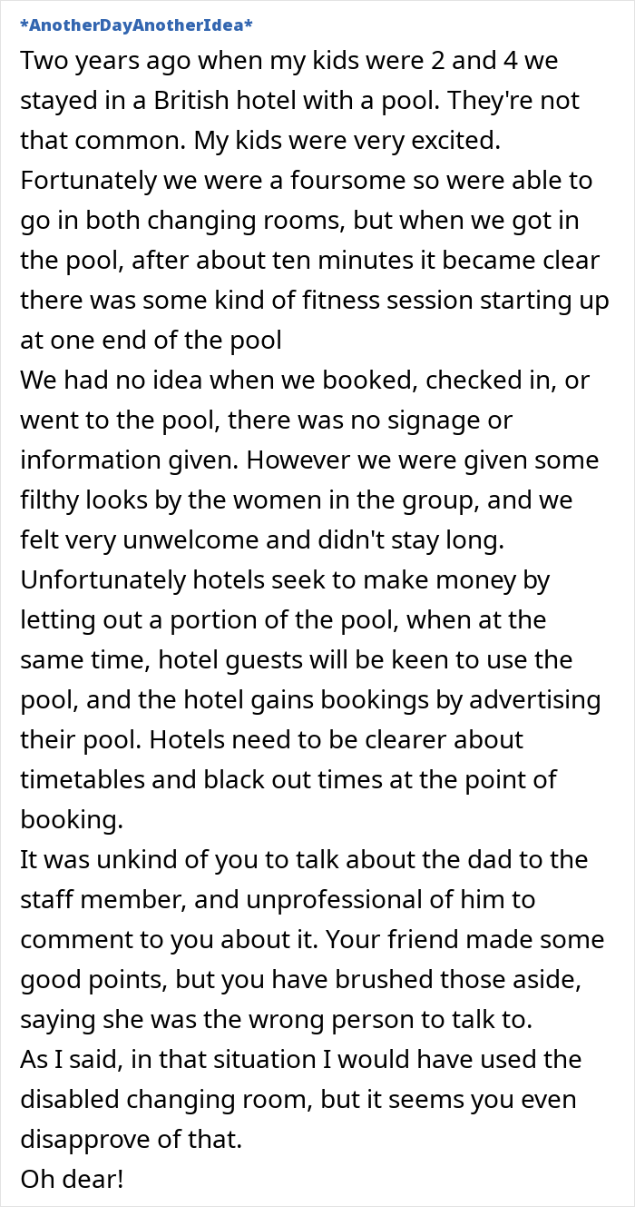 Text discussing an issue about bringing a child into a women's changing room, questioning etiquette and hotel policies. Text discussing an issue about bringing a child into a women's changing room, questioning etiquette and hotel policies.