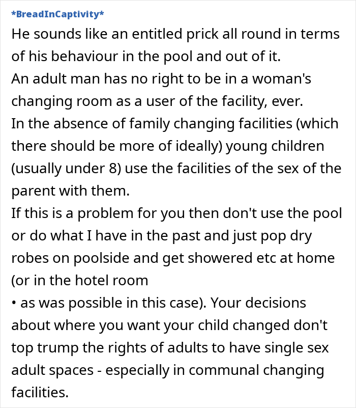 Text discussing opinions on adult men in women’s changing rooms, addressing rights in communal facilities. Text discussing opinions on adult men in women’s changing rooms, addressing rights in communal facilities.