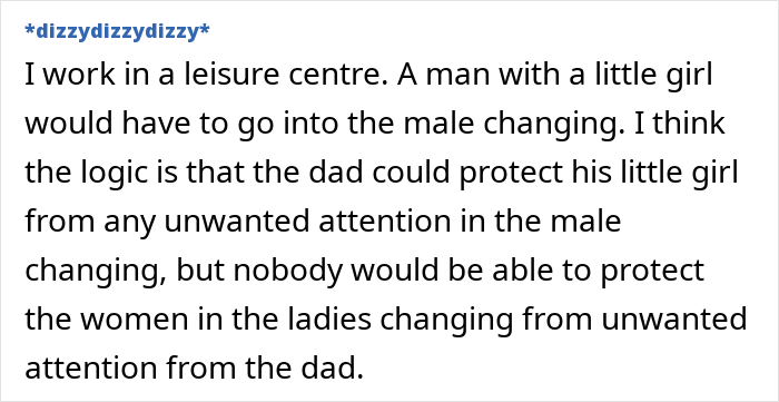 Text from a leisure centre worker discussing opinions on men bringing daughters into women's changing rooms. Text from a leisure centre worker discussing opinions on men bringing daughters into women's changing rooms.