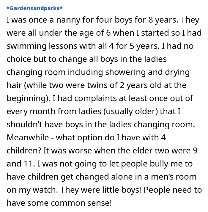 Text expressing views on children in women's changing rooms and complaints received. Text expressing views on children in women's changing rooms and complaints received.