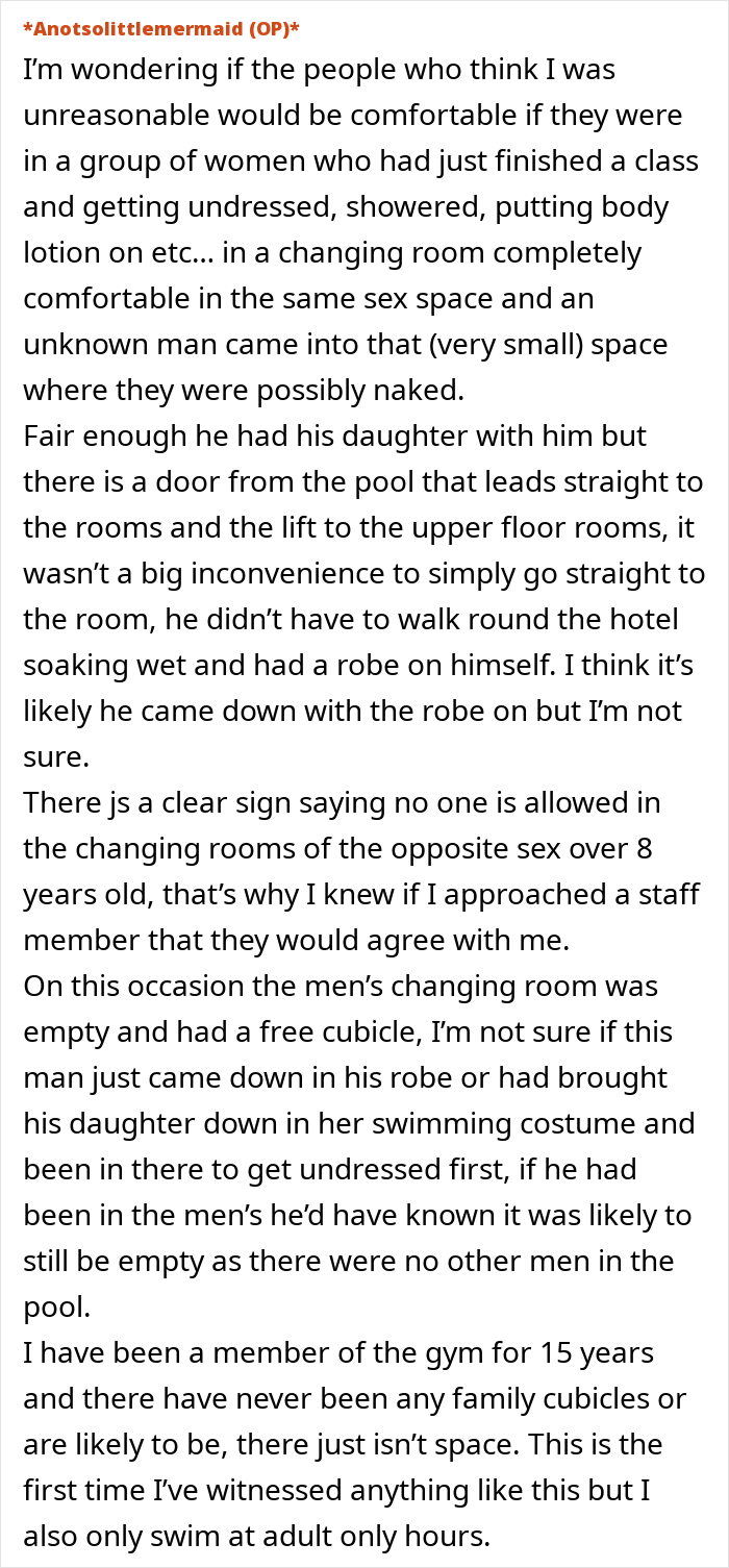 Text discusses discomfort with a dad bringing daughter to women's changing room, questioning appropriateness. Text discusses discomfort with a dad bringing daughter to women's changing room, questioning appropriateness.