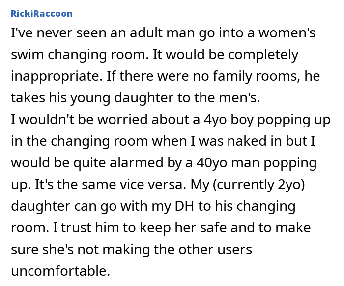 Text screenshot discussing issues with a dad bringing his daughter to a women's changing room. Text screenshot discussing issues with a dad bringing his daughter to a women's changing room.