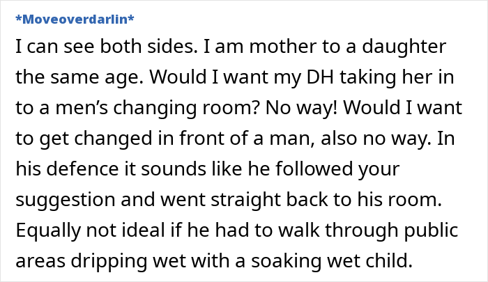 Text from an online discussion about a dad taking daughter to women's changing room. Text from an online discussion about a dad taking daughter to women's changing room.