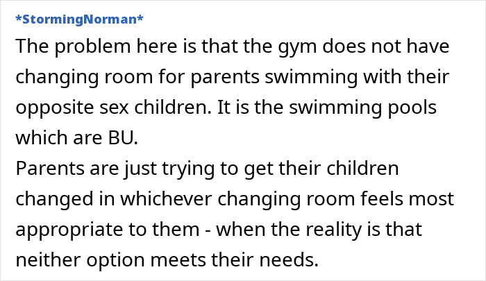 Text discussing gym's lack of appropriate changing rooms for opposite-sex children and their parents. Text discussing gym's lack of appropriate changing rooms for opposite-sex children and their parents.