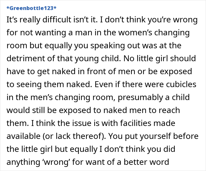 Text discussing conflict about men in women's changing rooms and child privacy concerns. Text discussing conflict about men in women's changing rooms and child privacy concerns.