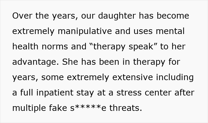 Text discussing a daughter’s manipulative behavior, highlighting her use of therapy language and past inpatient treatment. Text discussing a daughter’s manipulative behavior, highlighting her use of therapy language and past inpatient treatment.