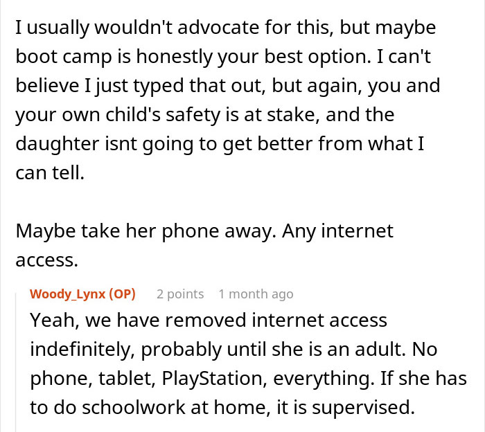 Text exchange discussing stepdaughter's lies and limited internet access advice. Text exchange discussing stepdaughter's lies and limited internet access advice.