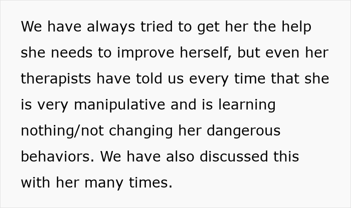 Text discussing effort to help stepdaughter with manipulative behavior and lack of progress. Text discussing effort to help stepdaughter with manipulative behavior and lack of progress.
