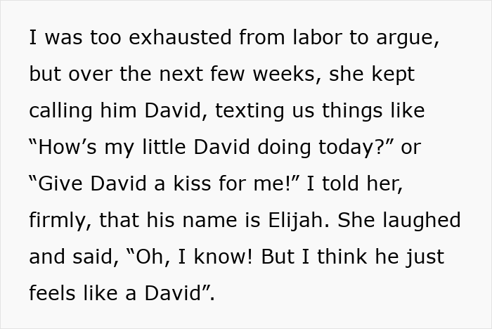 Text conversation where MIL insists on calling her grandson David instead of his actual name Elijah. Text conversation where MIL insists on calling her grandson David instead of his actual name Elijah.