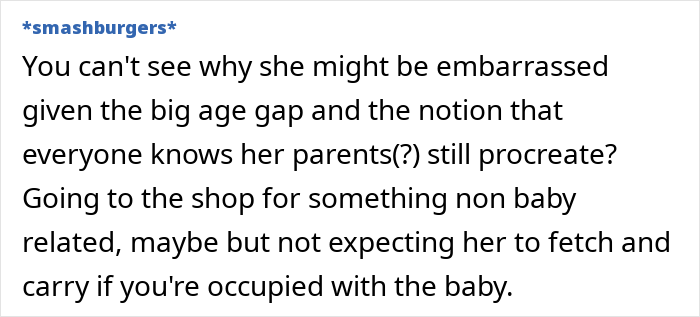 Text discussing a teenager's reluctance to help with childcare, mentioning an age gap and parental expectations. Text discussing a teenager's reluctance to help with childcare, mentioning an age gap and parental expectations.