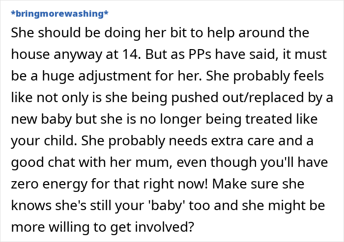 Text discussion on a 14-year-old adjusting to help after a new baby; mom's concern about her needing to grow up. Text discussion on a 14-year-old adjusting to help after a new baby; mom's concern about her needing to grow up.