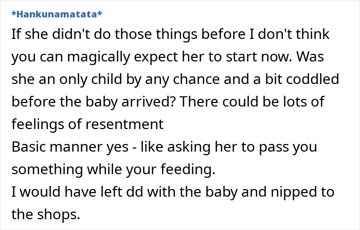 Text discussing a mother's frustration about her 14-year-old's lack of help after a new baby arrives, questioning expectations. Text discussing a mother's frustration about her 14-year-old's lack of help after a new baby arrives, questioning expectations.