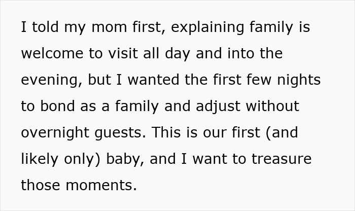 Text discussing family's visit schedule after birth, emphasizing the desire for bonding without overnight guests. Text discussing family's visit schedule after birth, emphasizing the desire for bonding without overnight guests.