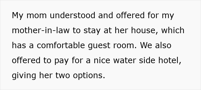 Text excerpt discussing mother-in-law offered guest room or hotel after birth, reflecting accommodation and options. Text excerpt discussing mother-in-law offered guest room or hotel after birth, reflecting accommodation and options.