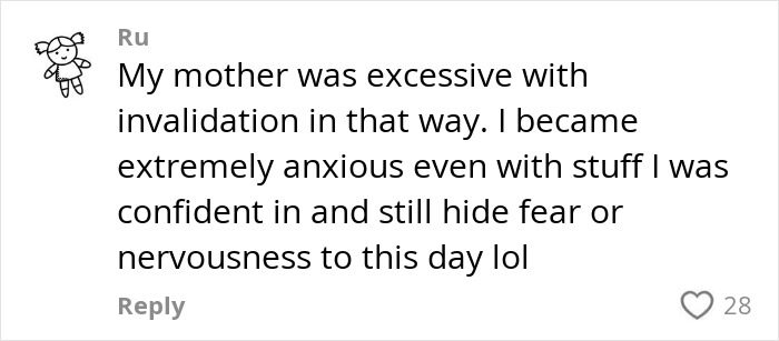 A comment discussing invalidation and ongoing anxiety, related to parenting and overcoming fears. A comment discussing invalidation and ongoing anxiety, related to parenting and overcoming fears.