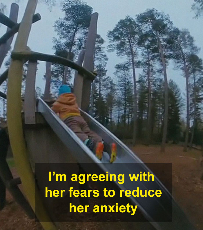 Child on a slide in a forest with a text overlay discussing overcoming fears using negative reinforcement. Child on a slide in a forest with a text overlay discussing overcoming fears using negative reinforcement.