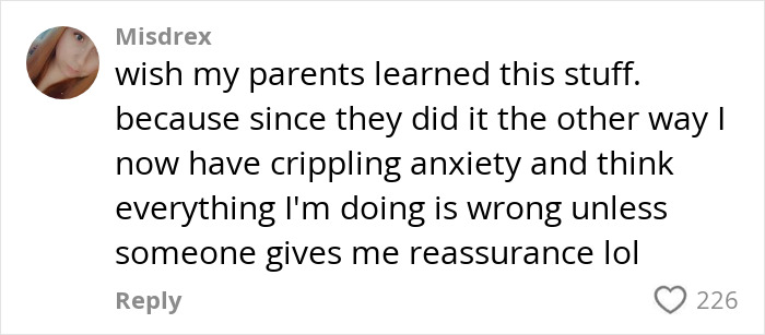 Comment discussing parenting choices and its impact on anxiety, referencing negative reinforcement. Comment discussing parenting choices and its impact on anxiety, referencing negative reinforcement.