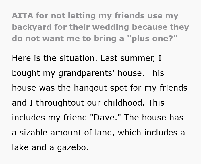 Text about refusing friends use of a backyard for a wedding; plus-one denial. Text about refusing friends use of a backyard for a wedding; plus-one denial.