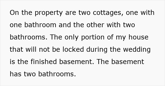 Text discussing property layout with cottages and bathrooms during a wedding event. Text discussing property layout with cottages and bathrooms during a wedding event.