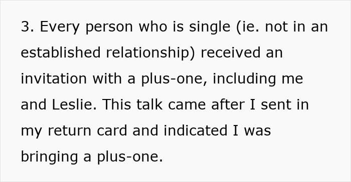 Text explaining single guests received a wedding invitation with a plus-one, including the author and Leslie. Text explaining single guests received a wedding invitation with a plus-one, including the author and Leslie.