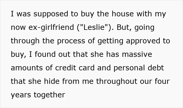 Text discusses discovering a partner's secret debt before buying a house together. Text discusses discovering a partner's secret debt before buying a house together.