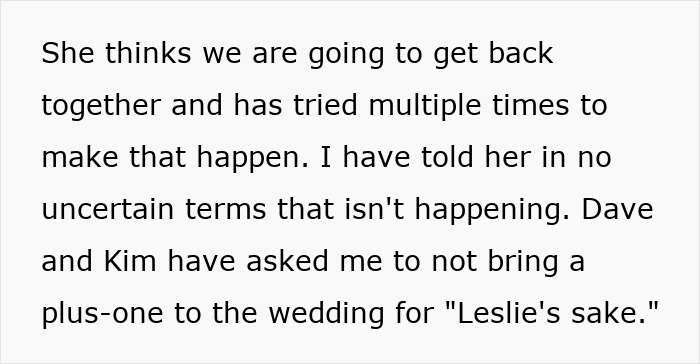 Text describing conflict over plus-one at a wedding in a message. Text describing conflict over plus-one at a wedding in a message.