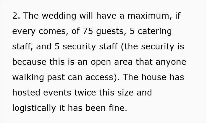 Text discussing wedding guest limits, catering, and security for an outdoor area. Text discussing wedding guest limits, catering, and security for an outdoor area.