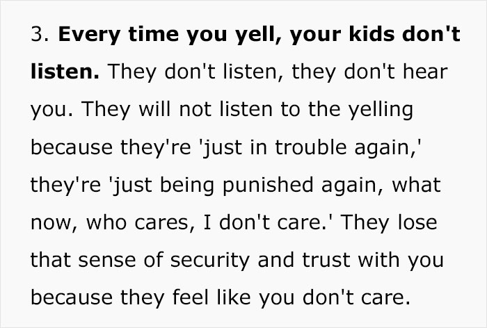 Text advising parents to stop yelling at kids; emphasizes loss of trust and security. Text advising parents to stop yelling at kids; emphasizes loss of trust and security.