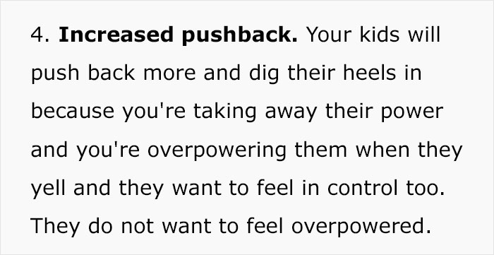 Text excerpt about pushback as a reason from a parenting coach on why parents should stop yelling at their kids. Text excerpt about pushback as a reason from a parenting coach on why parents should stop yelling at their kids.