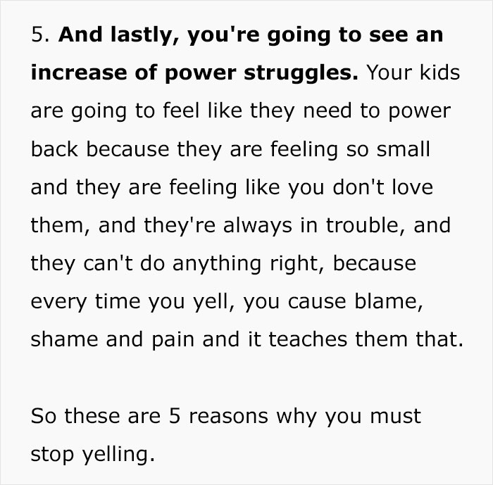 Text on parenting coach advice: Stop yelling at your kids to avoid increasing power struggles and feelings of blame and shame. Text on parenting coach advice: Stop yelling at your kids to avoid increasing power struggles and feelings of blame and shame.